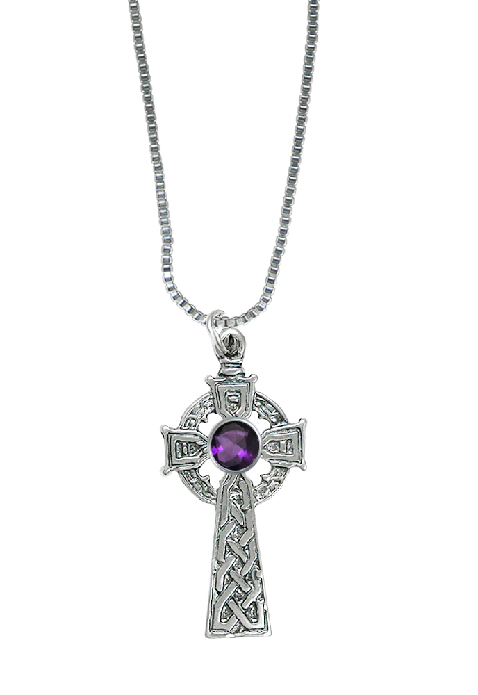 Sterling Silver Detailed Celtic Cross Pendant With Amethyst